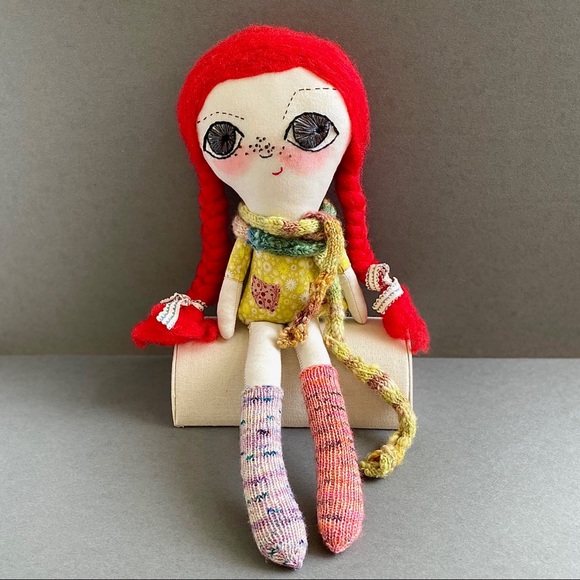 Hand Crafted Other - Red Haired Hand-Embroidered Fabric Art Doll